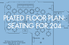 Miller Room floor plan for 204 guests with plated service
